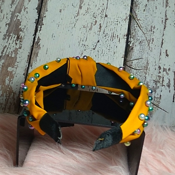 Mustard Knotted Multicolor Pearl Embellished Soft HeadBand - Picture 4 of 12